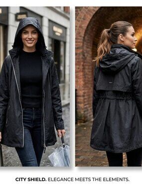 Calvin Klein Women’s Rain Jacket Size Small Black Zip Button Hooded .